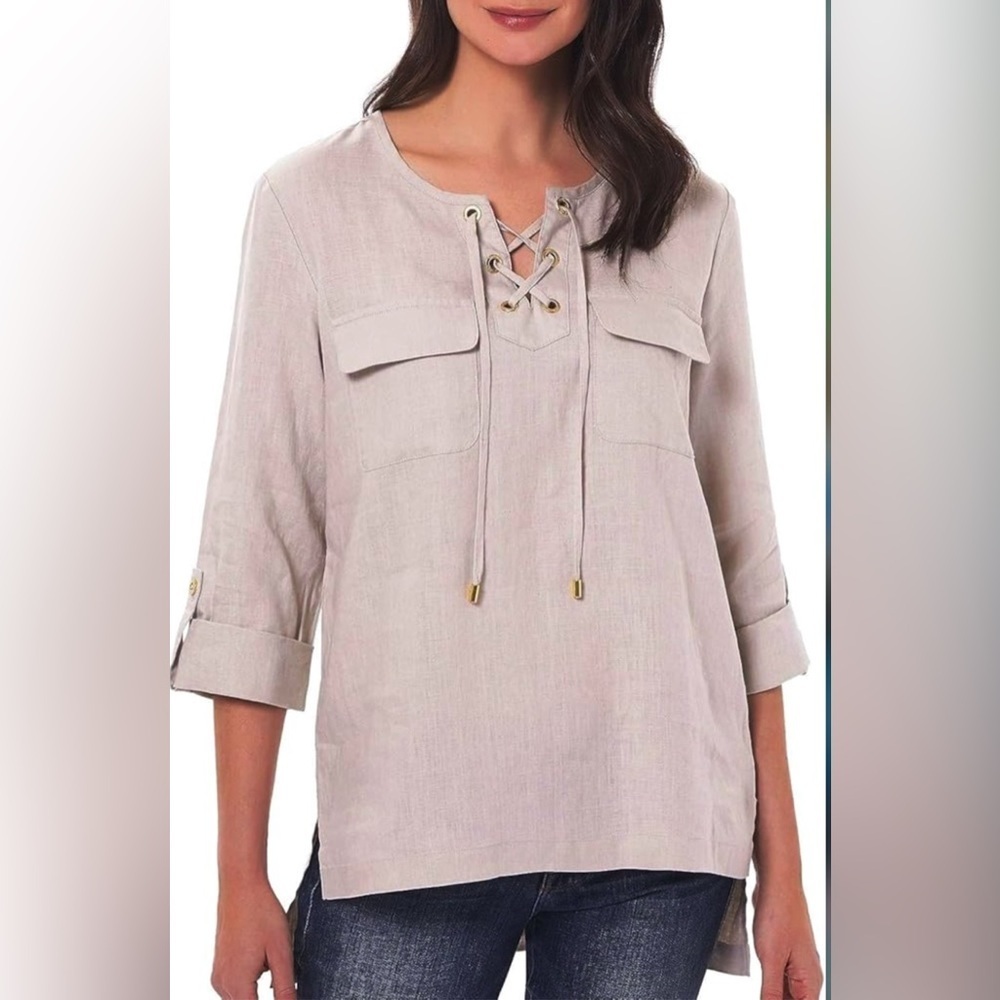 Company Ellen Tracy 100% Linen Lace-Up V-Neckline Tunic Size Medium